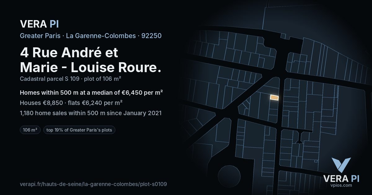 4 Rue André et Marie - Louise Roure, La Garenne-Colombes at night – the plot lit, the parcels around coloured by the prices near them