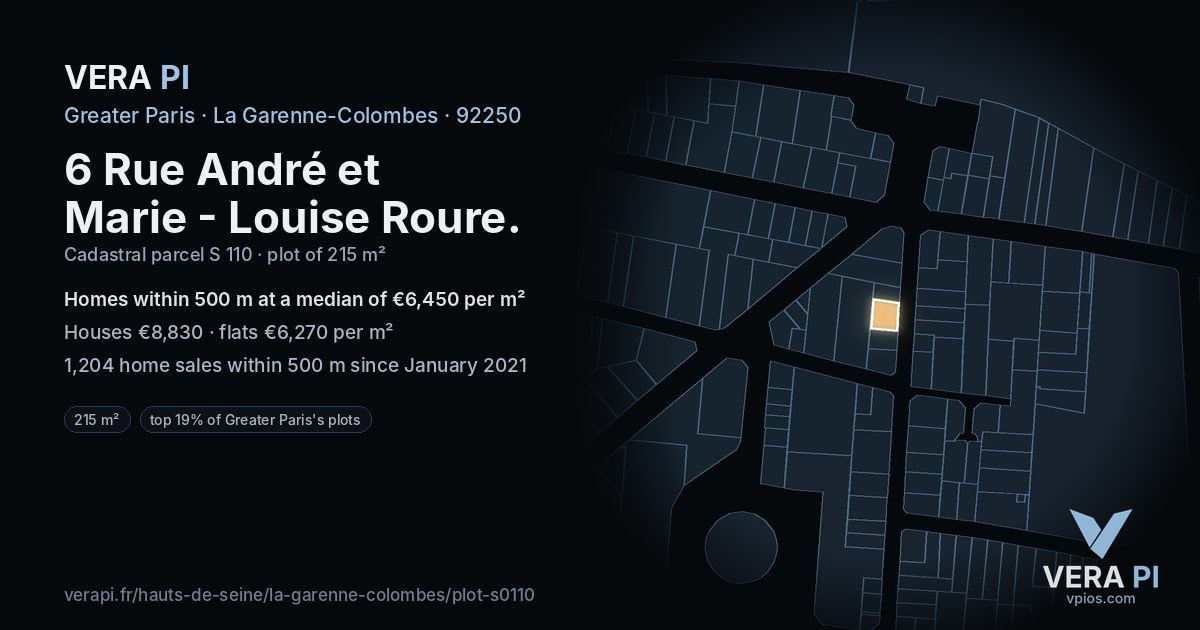6 Rue André et Marie - Louise Roure, La Garenne-Colombes at night – the plot lit, the parcels around coloured by the prices near them
