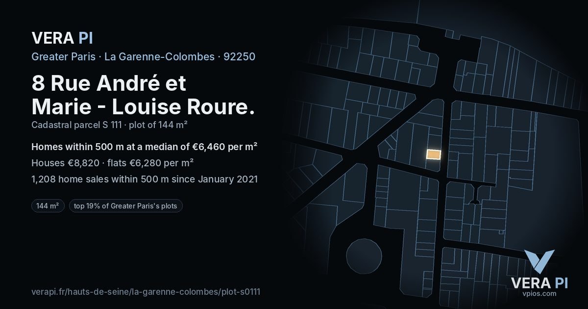 8 Rue André et Marie - Louise Roure, La Garenne-Colombes at night – the plot lit, the parcels around coloured by the prices near them