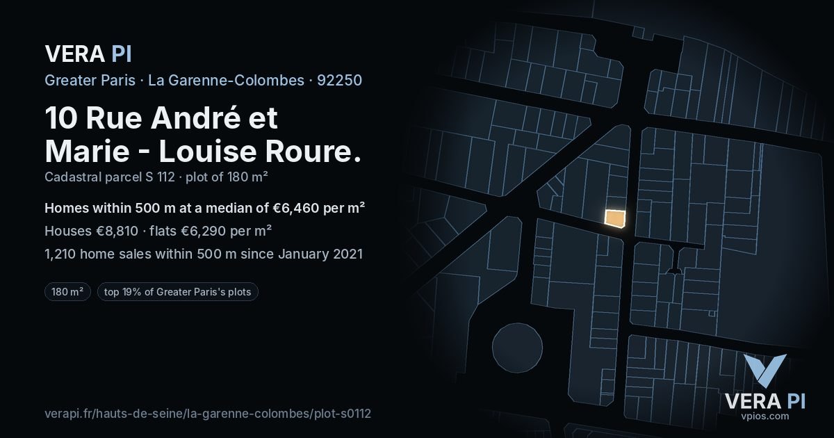 10 Rue André et Marie - Louise Roure, La Garenne-Colombes at night – the plot lit, the parcels around coloured by the prices near them