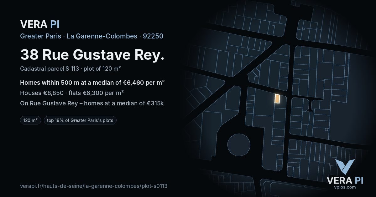 38 Rue Gustave Rey, La Garenne-Colombes at night – the plot lit, the parcels around coloured by the prices near them