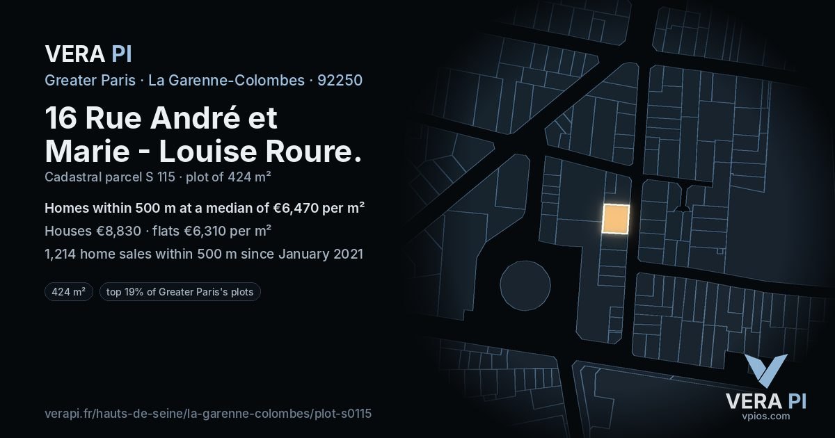 16 Rue André et Marie - Louise Roure, La Garenne-Colombes at night – the plot lit, the parcels around coloured by the prices near them