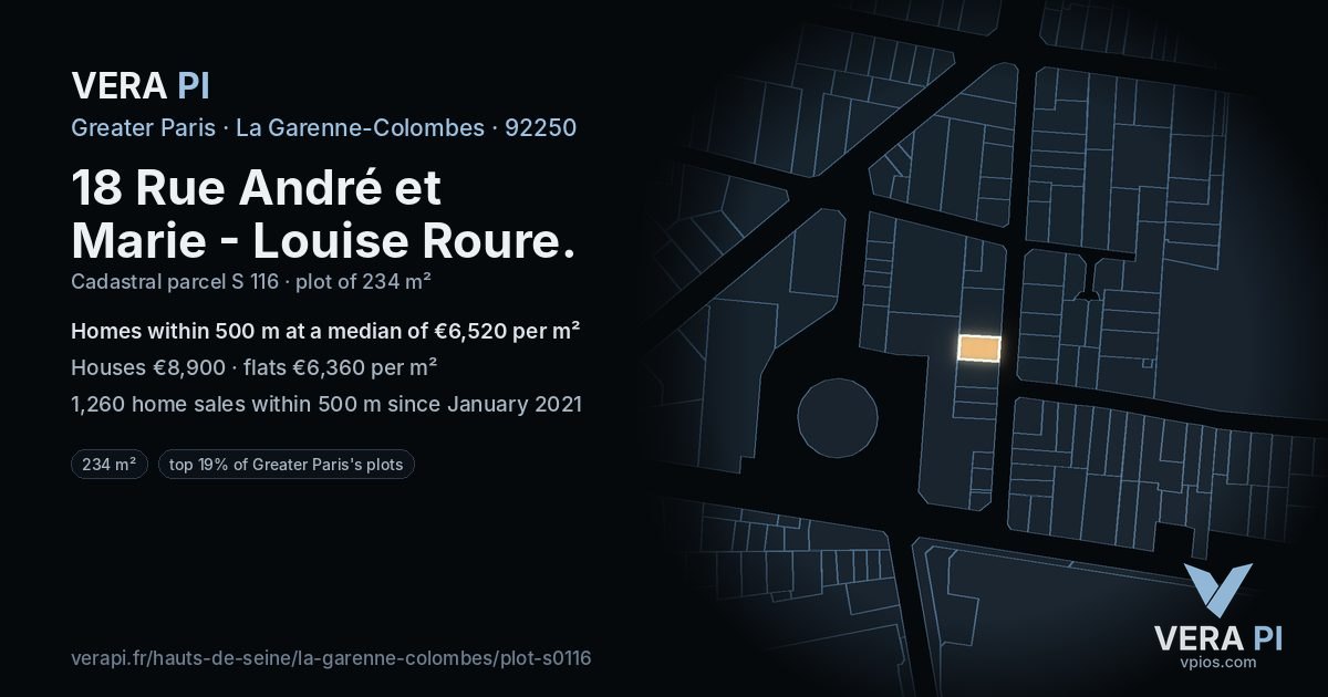 18 Rue André et Marie - Louise Roure, La Garenne-Colombes at night – the plot lit, the parcels around coloured by the prices near them