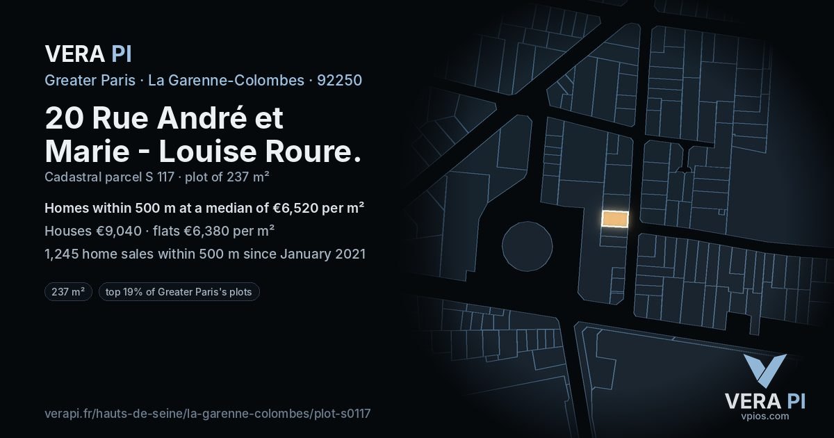 20 Rue André et Marie - Louise Roure, La Garenne-Colombes at night – the plot lit, the parcels around coloured by the prices near them