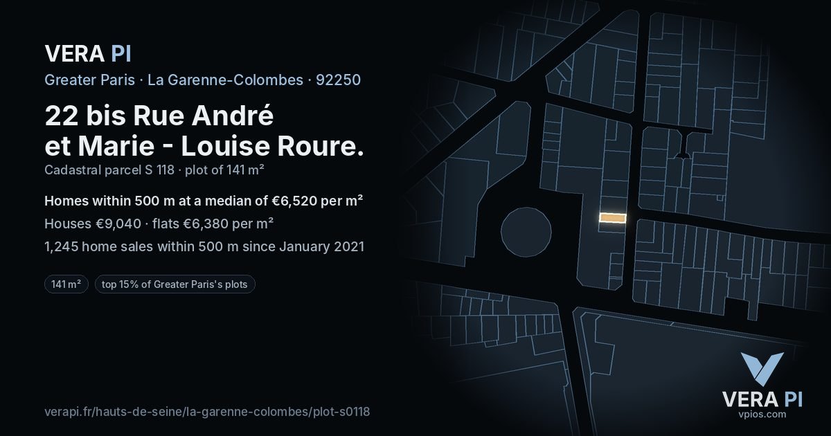 22 bis Rue André et Marie - Louise Roure, La Garenne-Colombes at night – the plot lit, the parcels around coloured by the prices near them