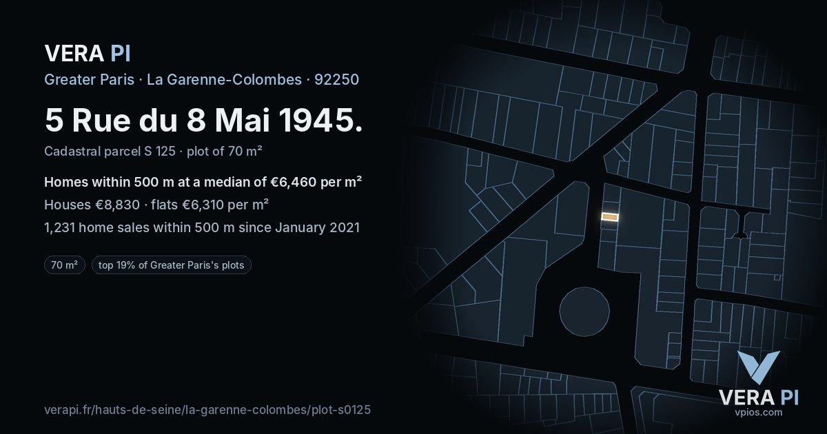 5 Rue du 8 Mai 1945, La Garenne-Colombes at night – the plot lit, the parcels around coloured by the prices near them