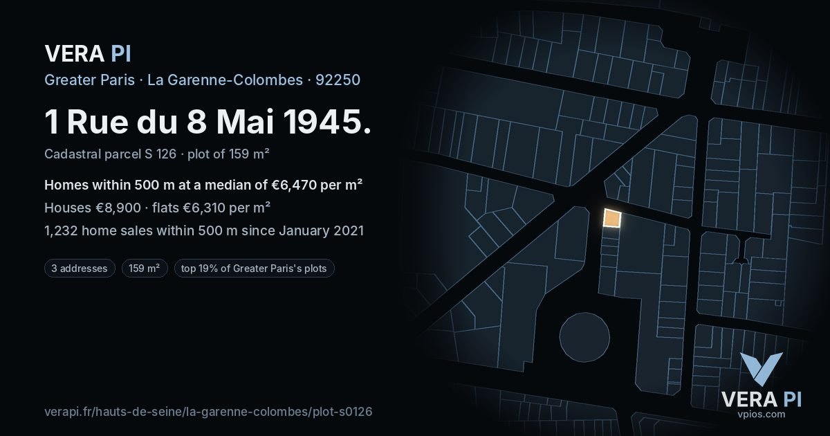 1 Rue du 8 Mai 1945, La Garenne-Colombes at night – the plot lit, the parcels around coloured by the prices near them