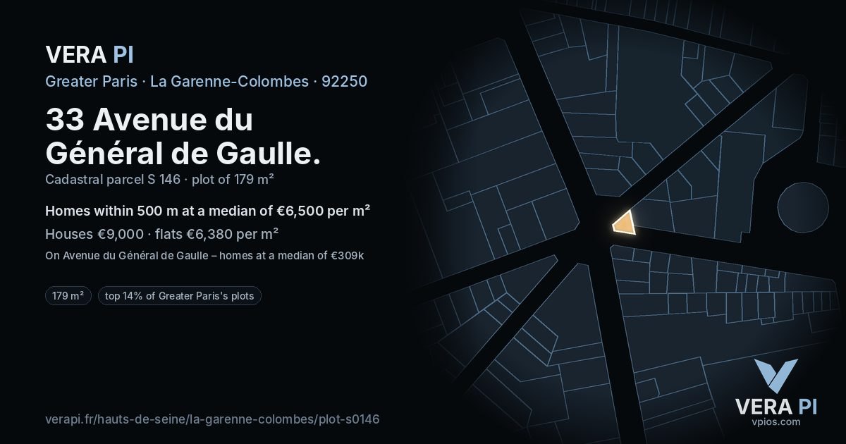 33 Avenue du Général de Gaulle, La Garenne-Colombes at night – the plot lit, the parcels around coloured by the prices near them