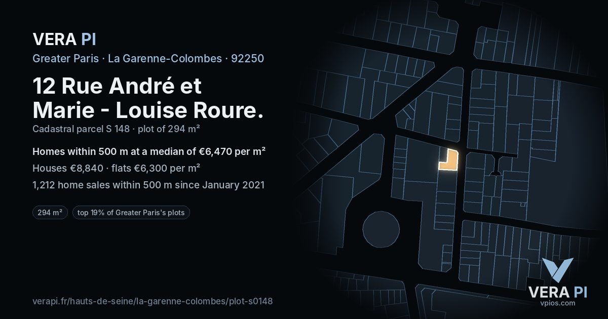 12 Rue André et Marie - Louise Roure, La Garenne-Colombes at night – the plot lit, the parcels around coloured by the prices near them