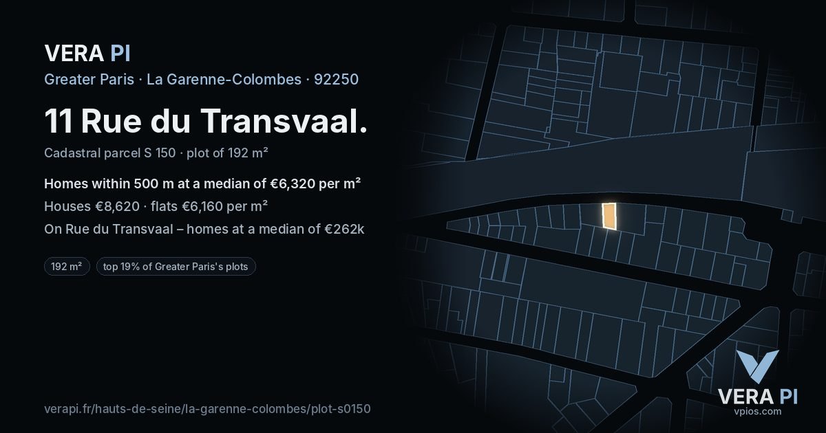 11 Rue du Transvaal, La Garenne-Colombes at night – the plot lit, the parcels around coloured by the prices near them