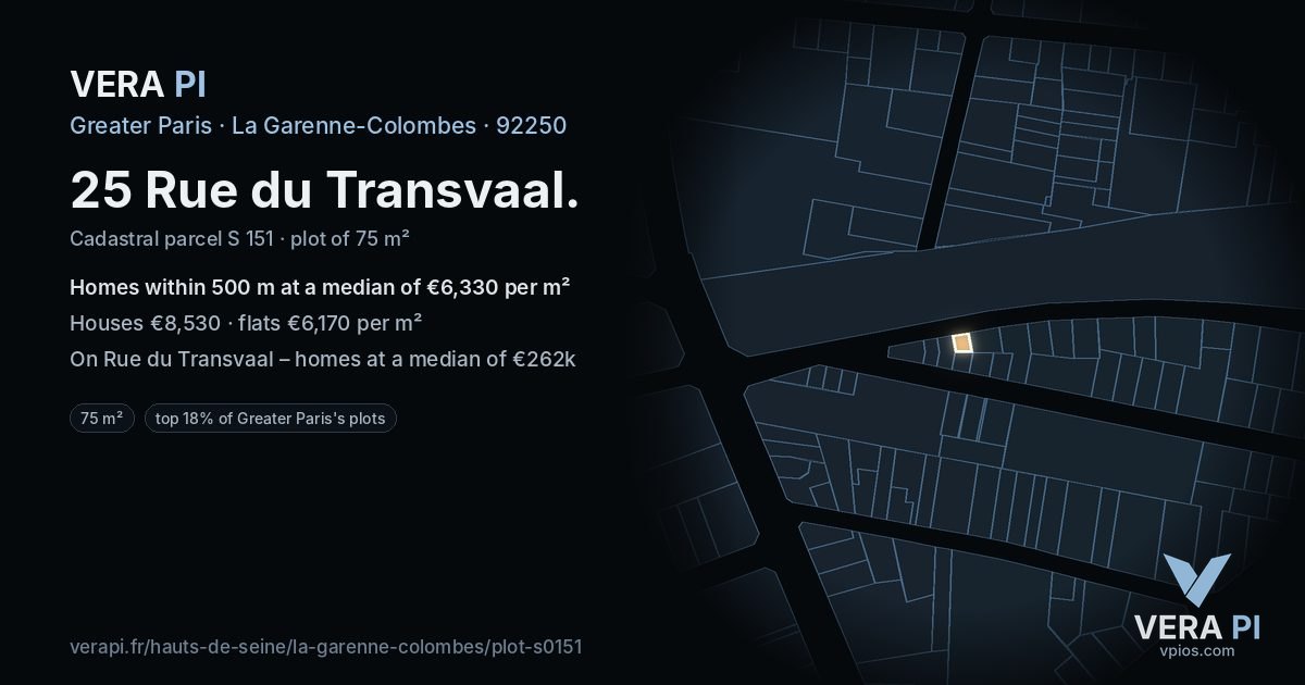 25 Rue du Transvaal, La Garenne-Colombes at night – the plot lit, the parcels around coloured by the prices near them