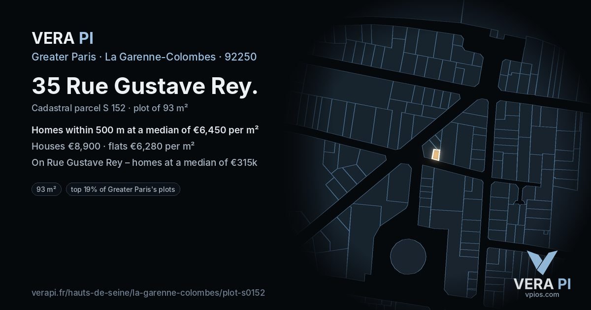 35 Rue Gustave Rey, La Garenne-Colombes at night – the plot lit, the parcels around coloured by the prices near them