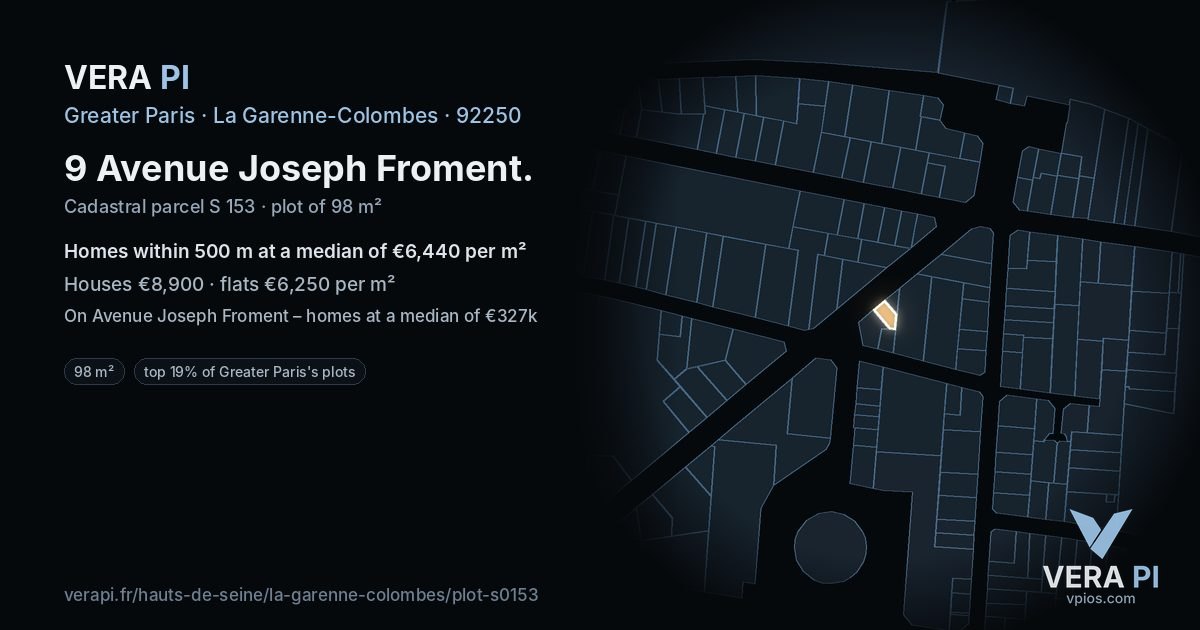 9 Avenue Joseph Froment, La Garenne-Colombes at night – the plot lit, the parcels around coloured by the prices near them