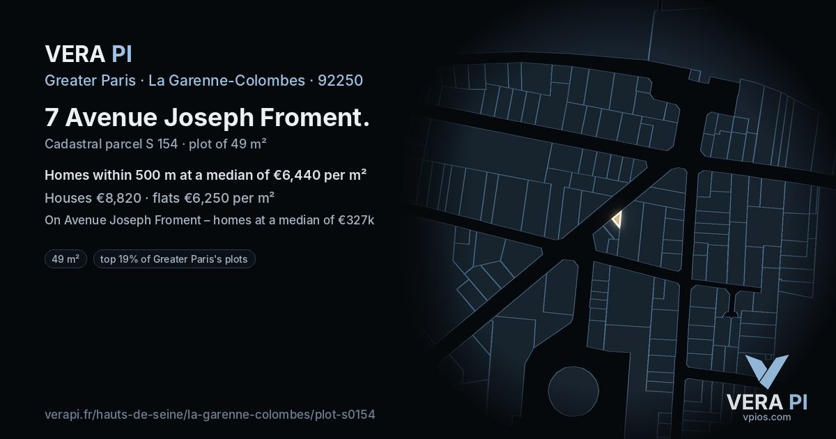 7 Avenue Joseph Froment, La Garenne-Colombes at night – the plot lit, the parcels around coloured by the prices near them