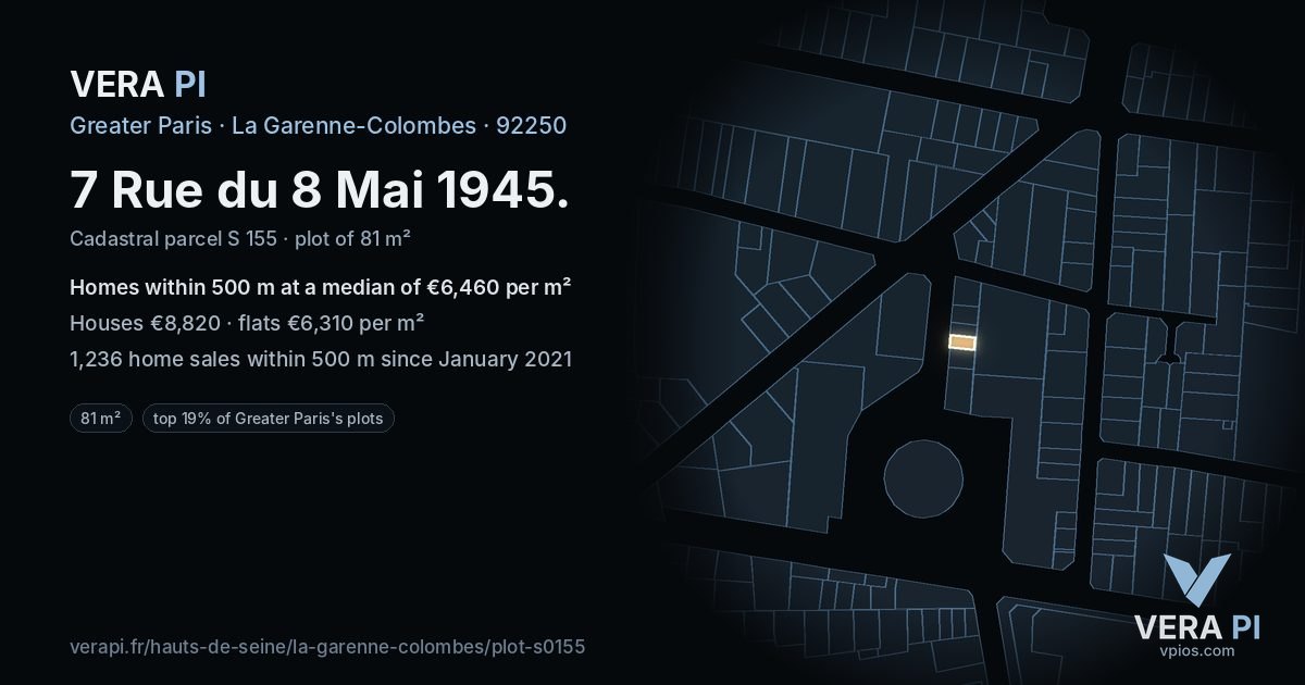 7 Rue du 8 Mai 1945, La Garenne-Colombes at night – the plot lit, the parcels around coloured by the prices near them
