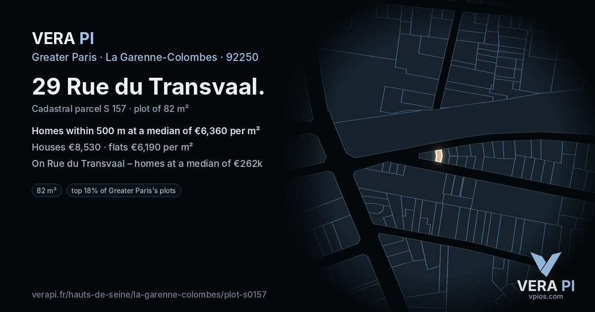 29 Rue du Transvaal, La Garenne-Colombes at night – the plot lit, the parcels around coloured by the prices near them