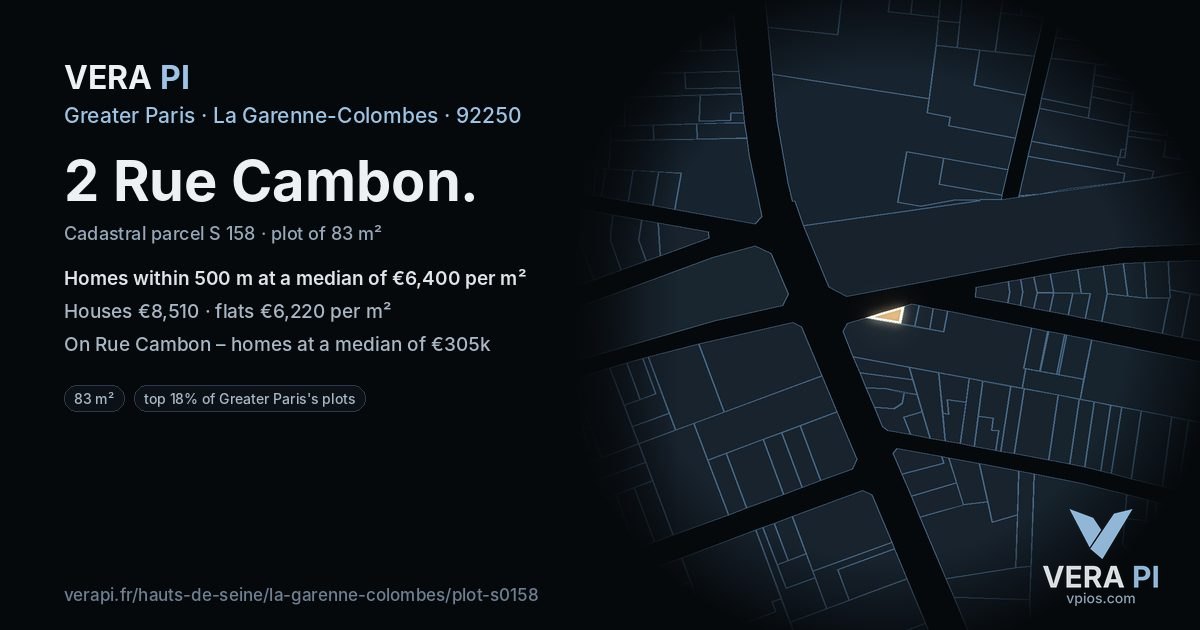 2 Rue Cambon, La Garenne-Colombes at night – the plot lit, the parcels around coloured by the prices near them