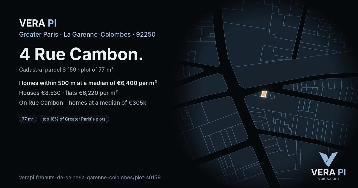 4 Rue Cambon, La Garenne-Colombes at night – the plot lit, the parcels around coloured by the prices near them