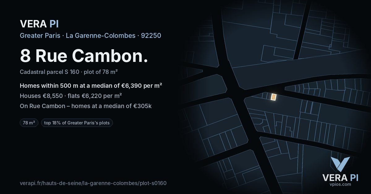 8 Rue Cambon, La Garenne-Colombes at night – the plot lit, the parcels around coloured by the prices near them