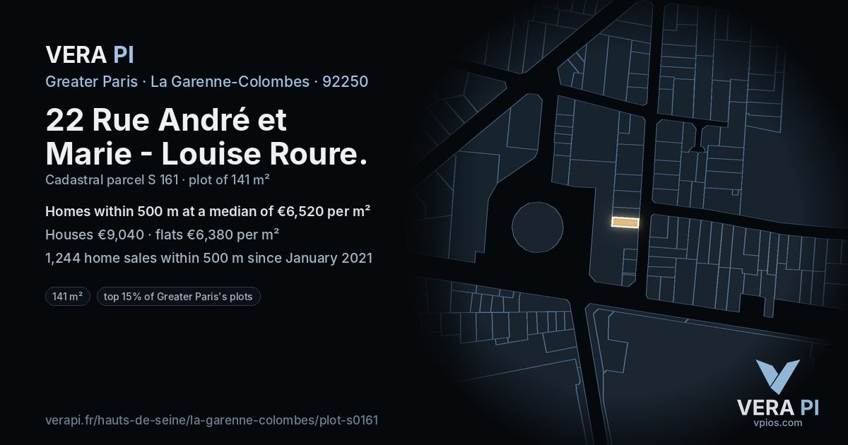 22 Rue André et Marie - Louise Roure, La Garenne-Colombes at night – the plot lit, the parcels around coloured by the prices near them