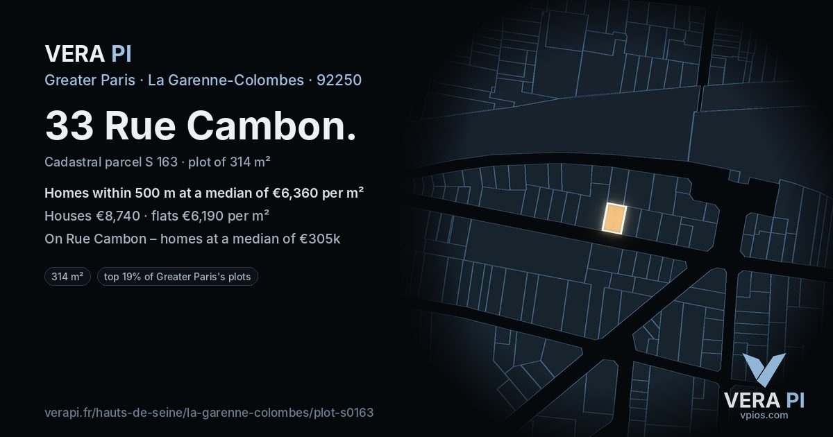 33 Rue Cambon, La Garenne-Colombes at night – the plot lit, the parcels around coloured by the prices near them