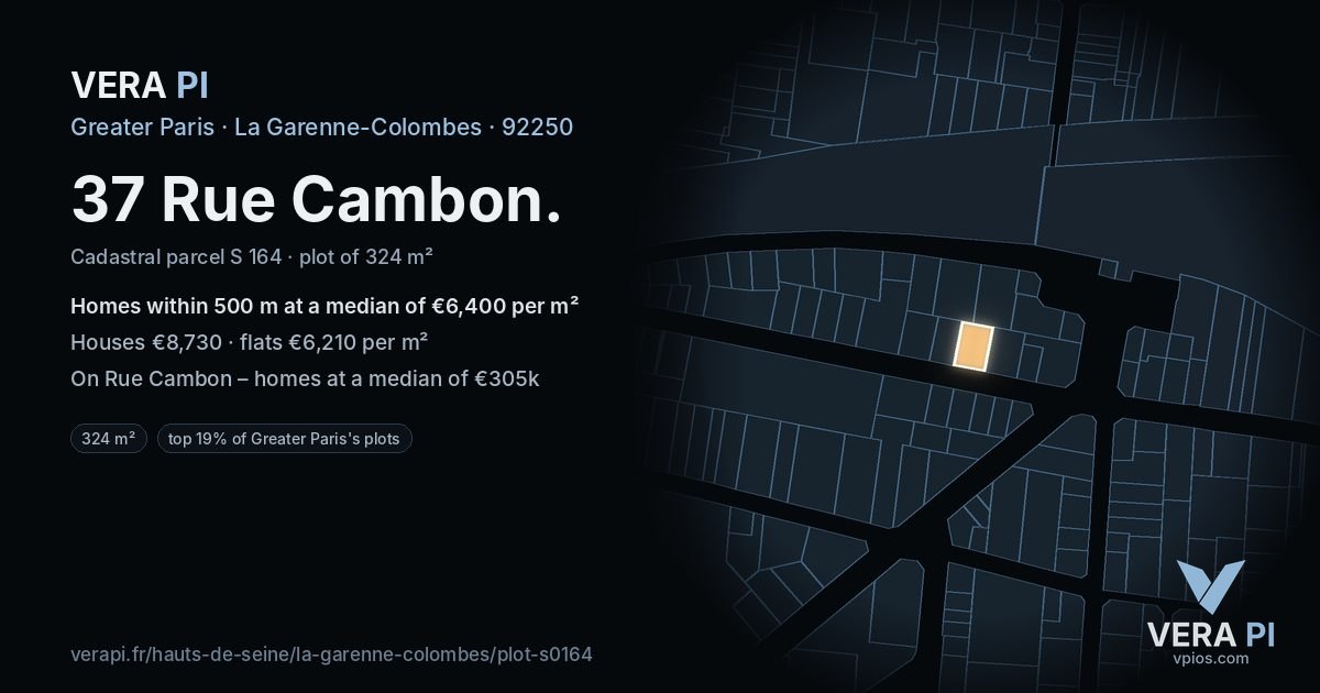 37 Rue Cambon, La Garenne-Colombes at night – the plot lit, the parcels around coloured by the prices near them