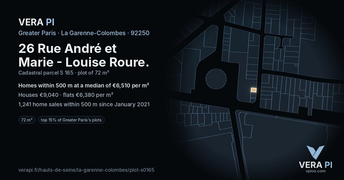 26 Rue André et Marie - Louise Roure, La Garenne-Colombes at night – the plot lit, the parcels around coloured by the prices near them