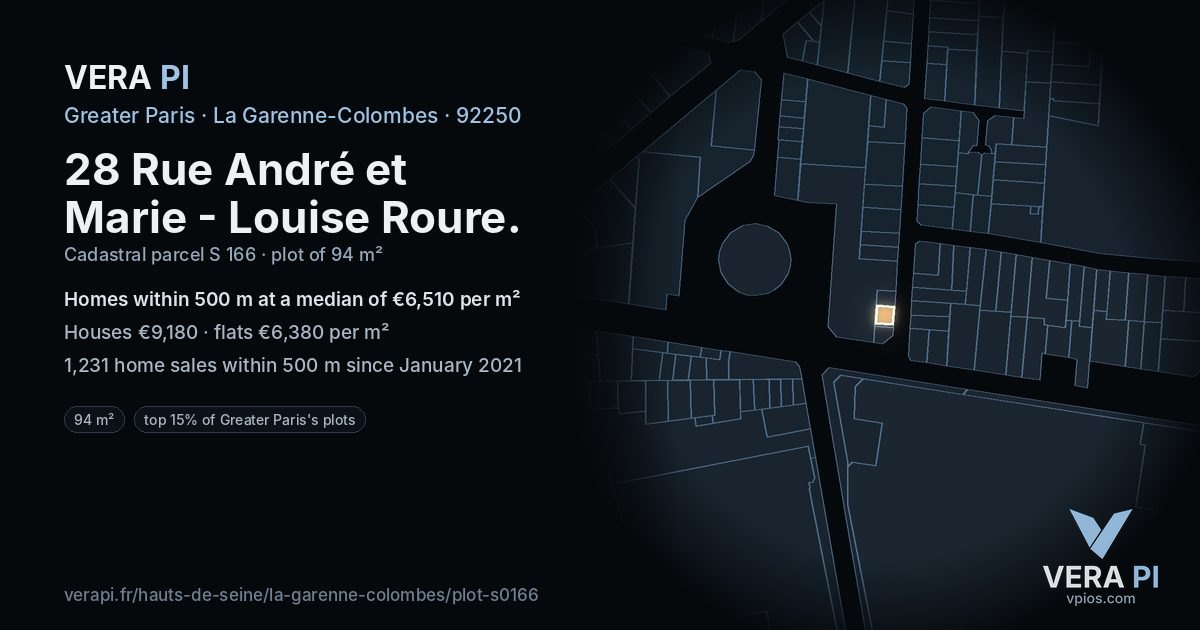 28 Rue André et Marie - Louise Roure, La Garenne-Colombes at night – the plot lit, the parcels around coloured by the prices near them