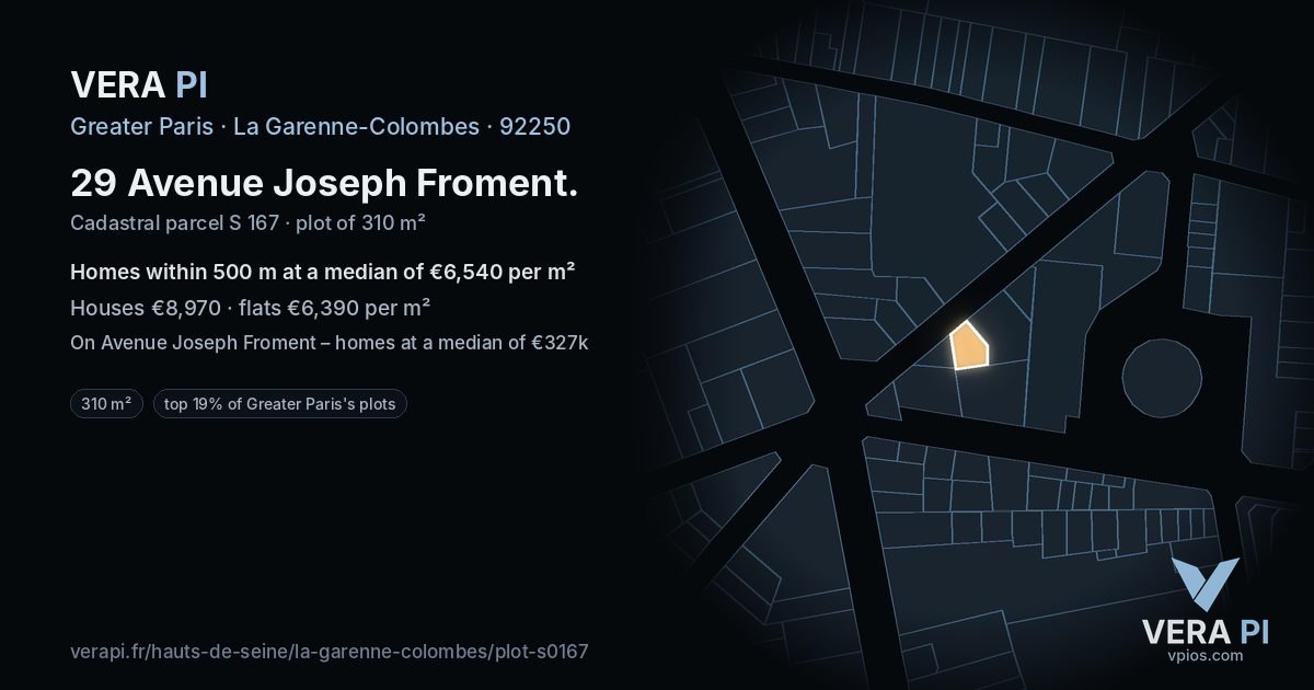 29 Avenue Joseph Froment, La Garenne-Colombes at night – the plot lit, the parcels around coloured by the prices near them