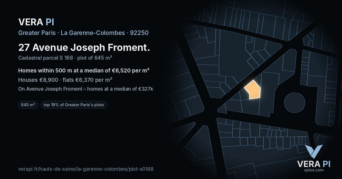 27 Avenue Joseph Froment, La Garenne-Colombes at night – the plot lit, the parcels around coloured by the prices near them