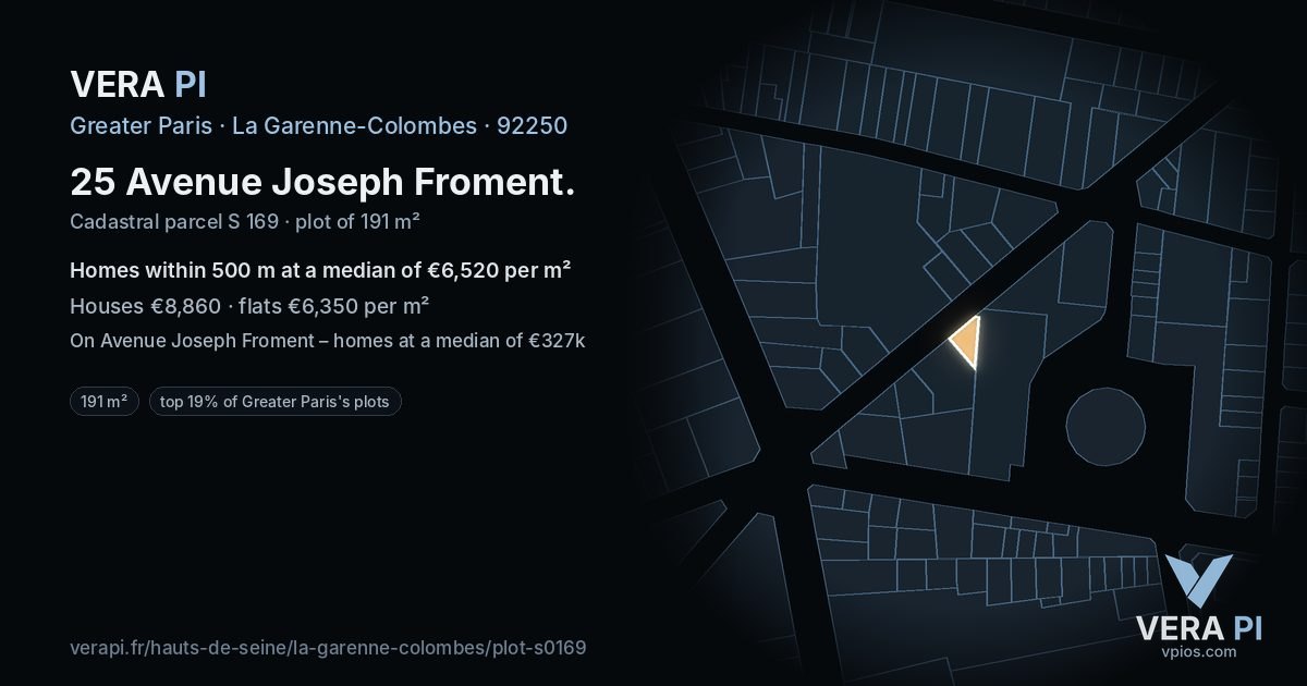 25 Avenue Joseph Froment, La Garenne-Colombes at night – the plot lit, the parcels around coloured by the prices near them