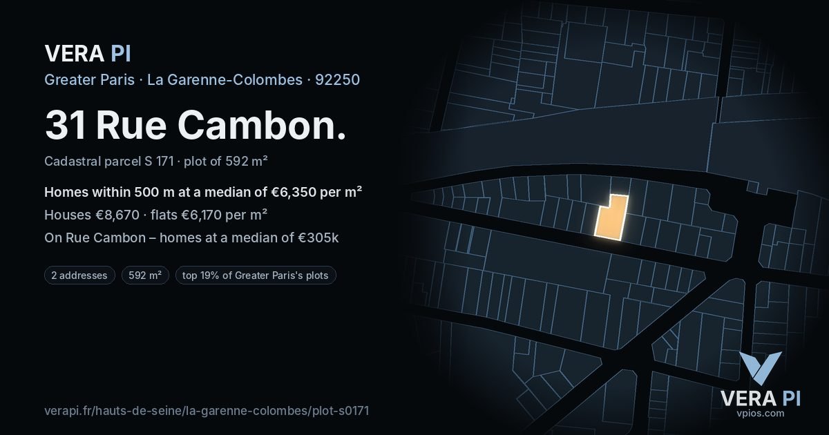 31 Rue Cambon, La Garenne-Colombes at night – the plot lit, the parcels around coloured by the prices near them