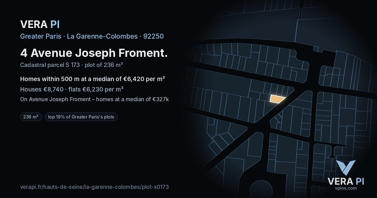 4 Avenue Joseph Froment, La Garenne-Colombes at night – the plot lit, the parcels around coloured by the prices near them