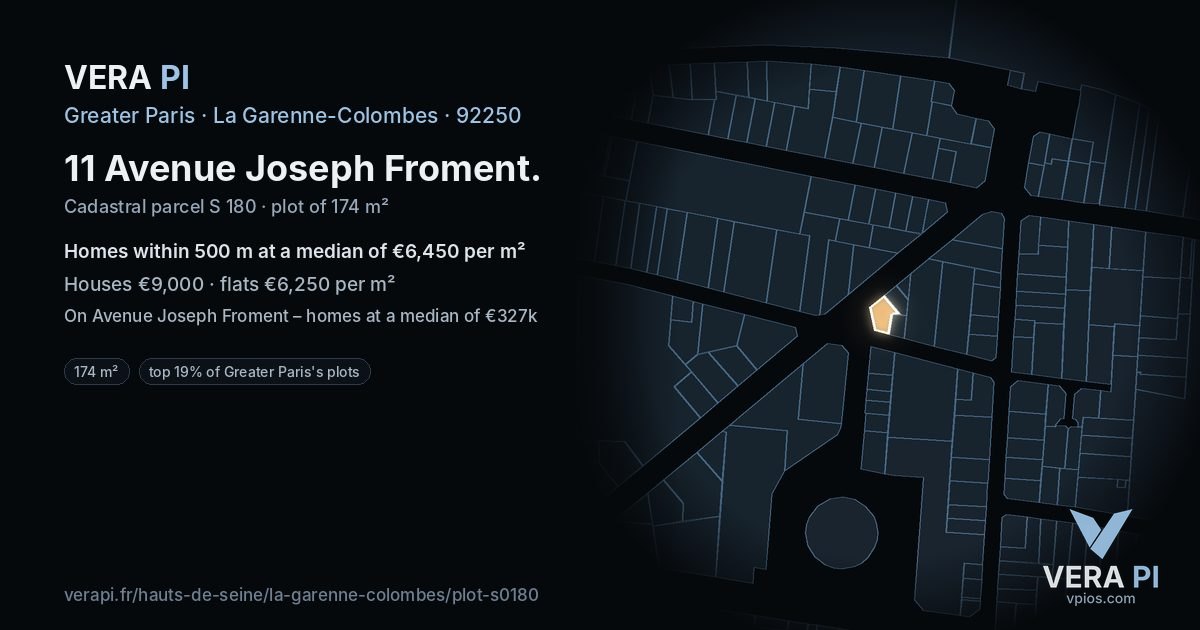 11 Avenue Joseph Froment, La Garenne-Colombes at night – the plot lit, the parcels around coloured by the prices near them