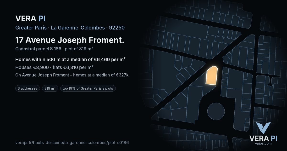 17 Avenue Joseph Froment, La Garenne-Colombes at night – the plot lit, the parcels around coloured by the prices near them
