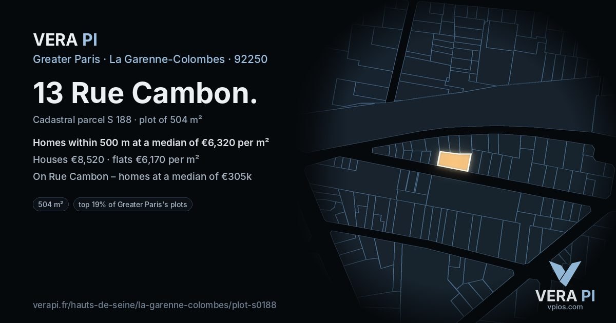 13 Rue Cambon, La Garenne-Colombes at night – the plot lit, the parcels around coloured by the prices near them