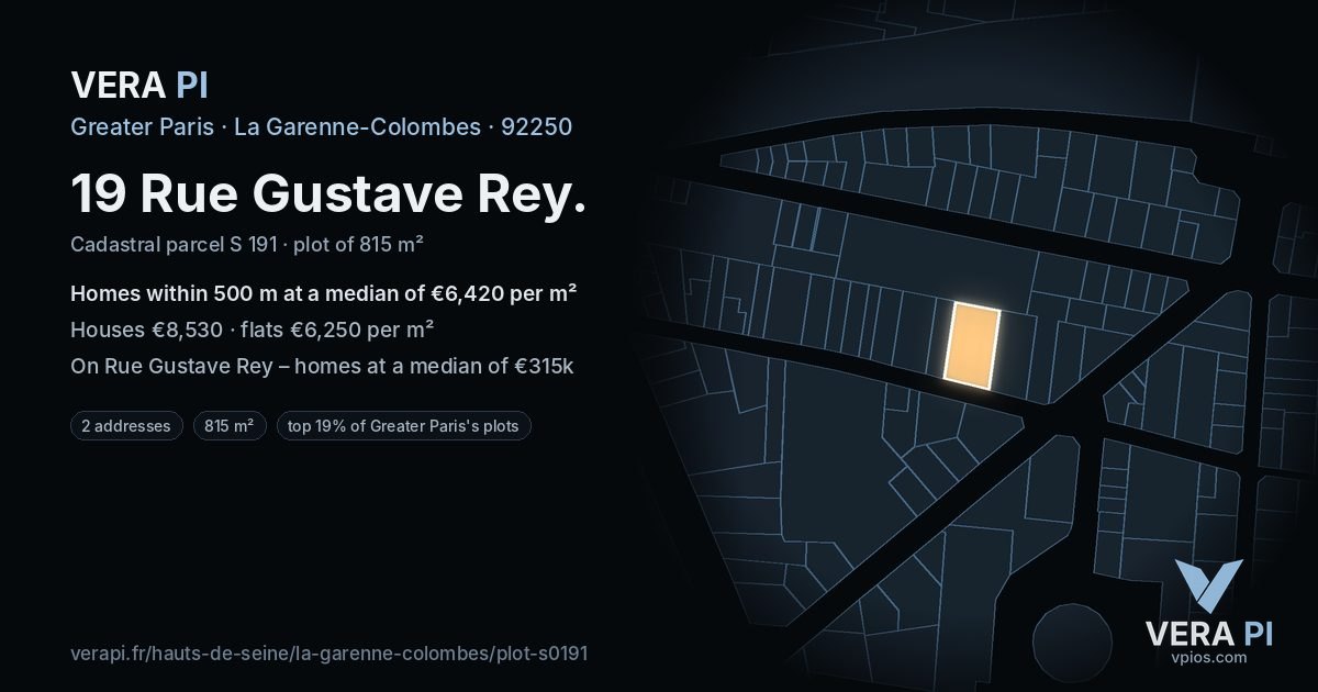 19 Rue Gustave Rey, La Garenne-Colombes at night – the plot lit, the parcels around coloured by the prices near them
