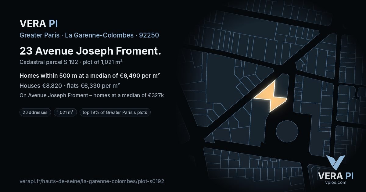 23 Avenue Joseph Froment, La Garenne-Colombes at night – the plot lit, the parcels around coloured by the prices near them
