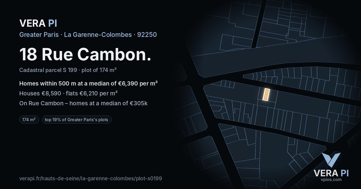 18 Rue Cambon, La Garenne-Colombes at night – the plot lit, the parcels around coloured by the prices near them