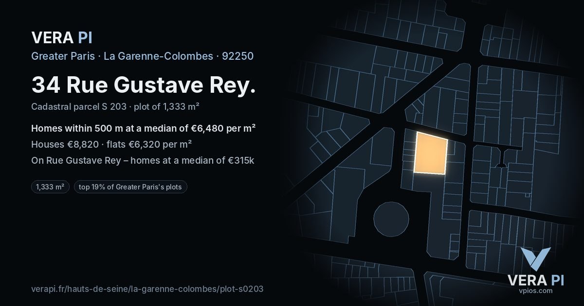 34 Rue Gustave Rey, La Garenne-Colombes at night – the plot lit, the parcels around coloured by the prices near them