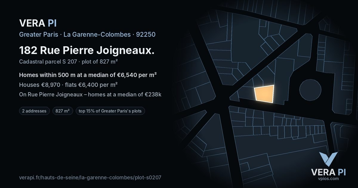 182 Rue Pierre Joigneaux, La Garenne-Colombes at night – the plot lit, the parcels around coloured by the prices near them