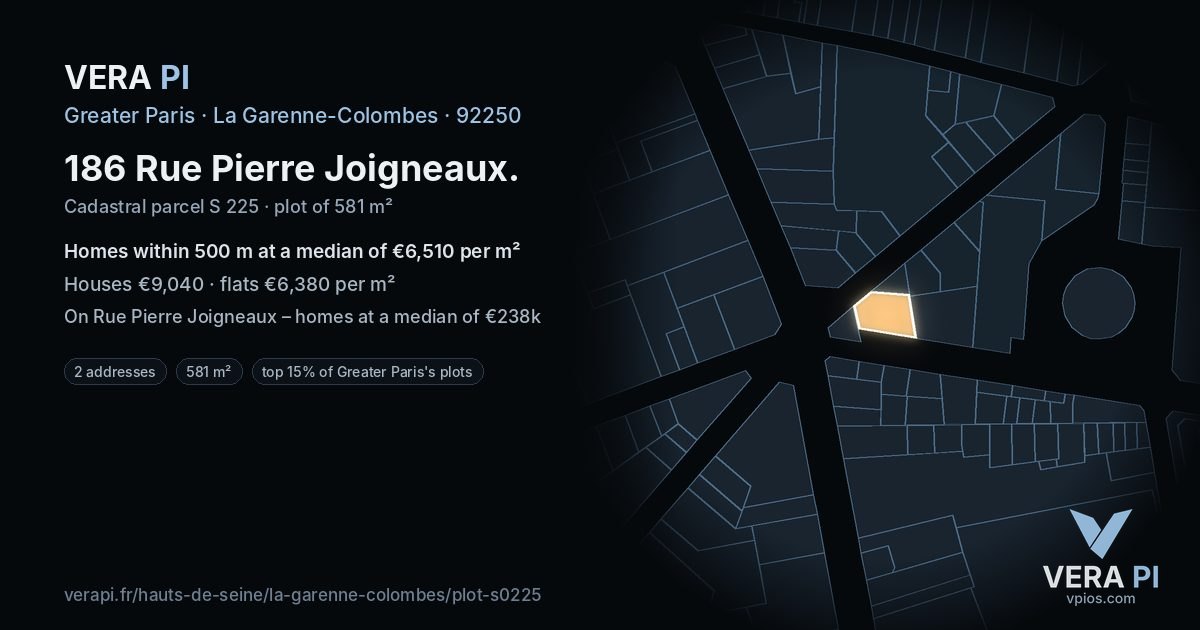 186 Rue Pierre Joigneaux, La Garenne-Colombes at night – the plot lit, the parcels around coloured by the prices near them
