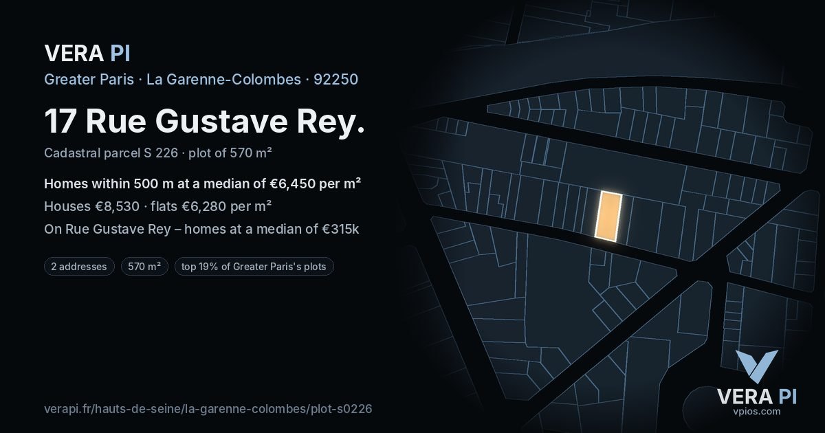 17 Rue Gustave Rey, La Garenne-Colombes at night – the plot lit, the parcels around coloured by the prices near them