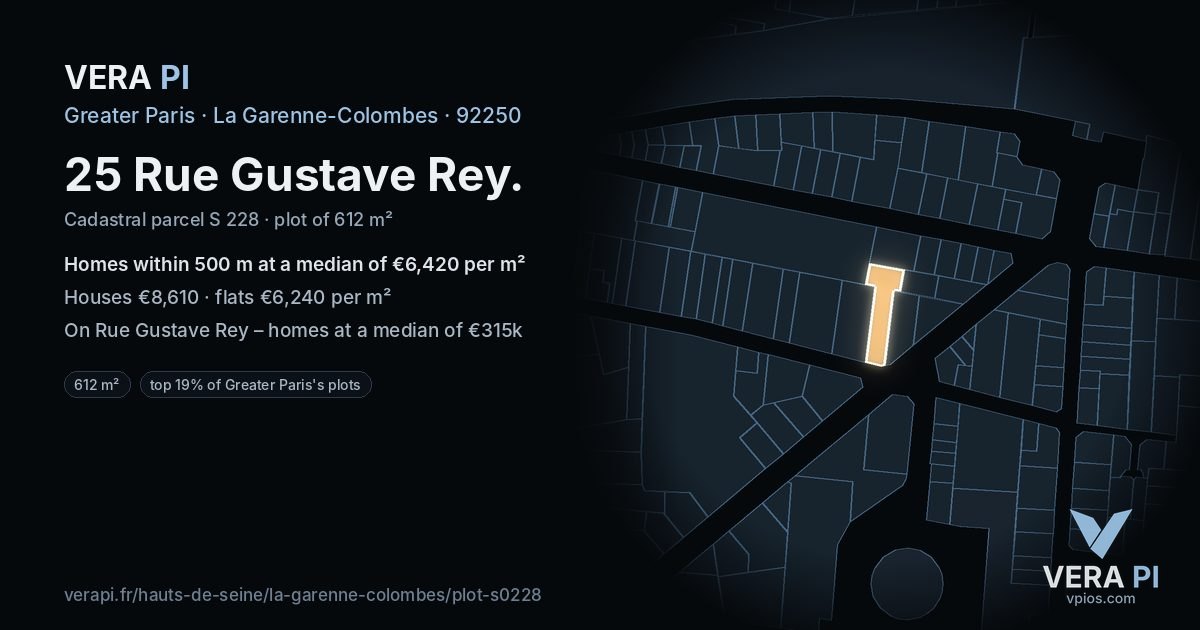 25 Rue Gustave Rey, La Garenne-Colombes at night – the plot lit, the parcels around coloured by the prices near them