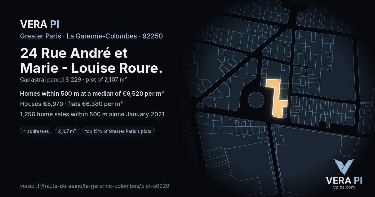 24 Rue André et Marie - Louise Roure, La Garenne-Colombes at night – the plot lit, the parcels around coloured by the prices near them