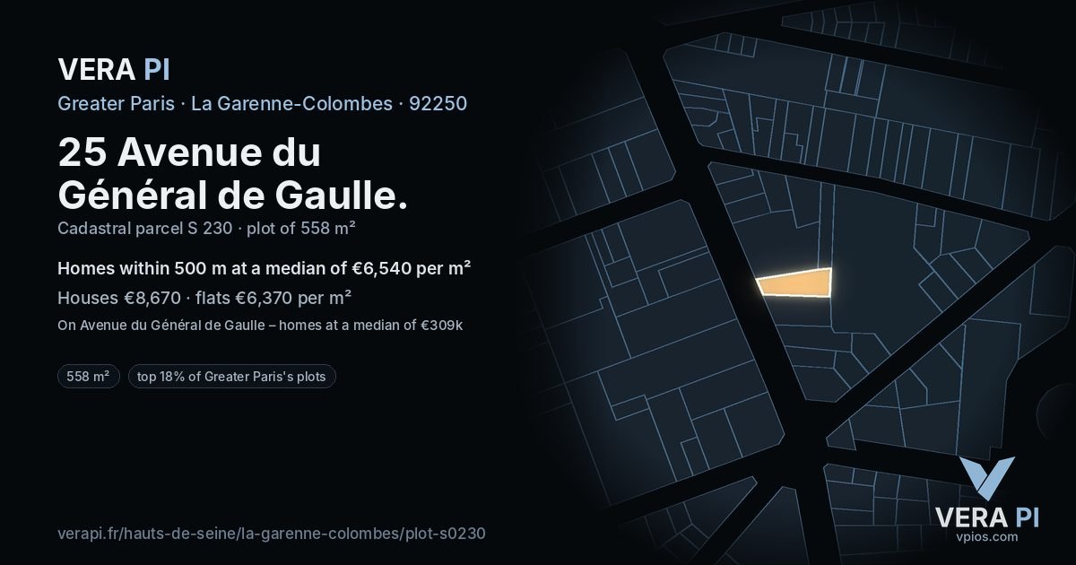 25 Avenue du Général de Gaulle, La Garenne-Colombes at night – the plot lit, the parcels around coloured by the prices near them