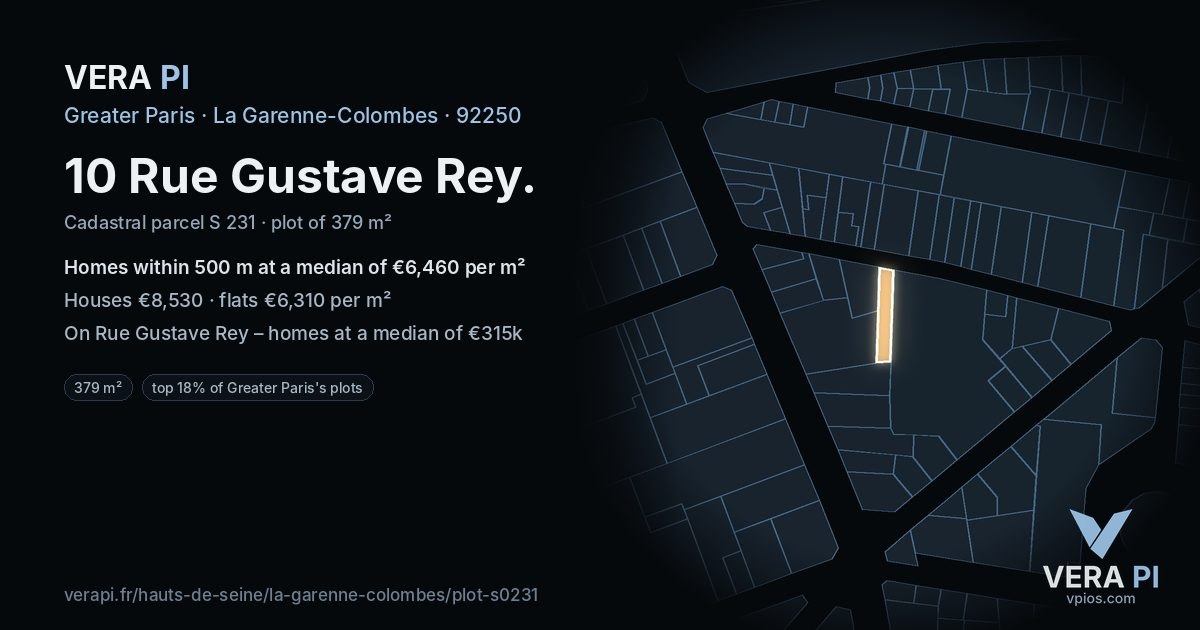 10 Rue Gustave Rey, La Garenne-Colombes at night – the plot lit, the parcels around coloured by the prices near them