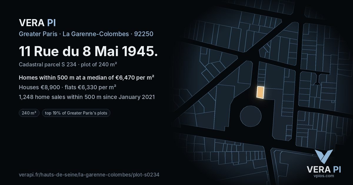 11 Rue du 8 Mai 1945, La Garenne-Colombes at night – the plot lit, the parcels around coloured by the prices near them