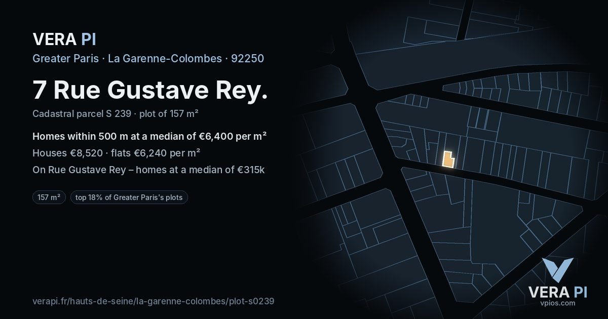 7 Rue Gustave Rey, La Garenne-Colombes at night – the plot lit, the parcels around coloured by the prices near them