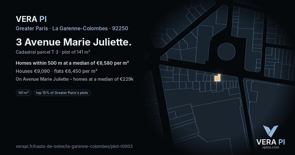 3 Avenue Marie Juliette, La Garenne-Colombes at night – the plot lit, the parcels around coloured by the prices near them